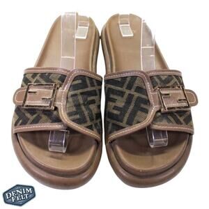 Fendi Brown Wide-Band Leather Zucca FF Logo Monogram Flat Slides | Size: 8